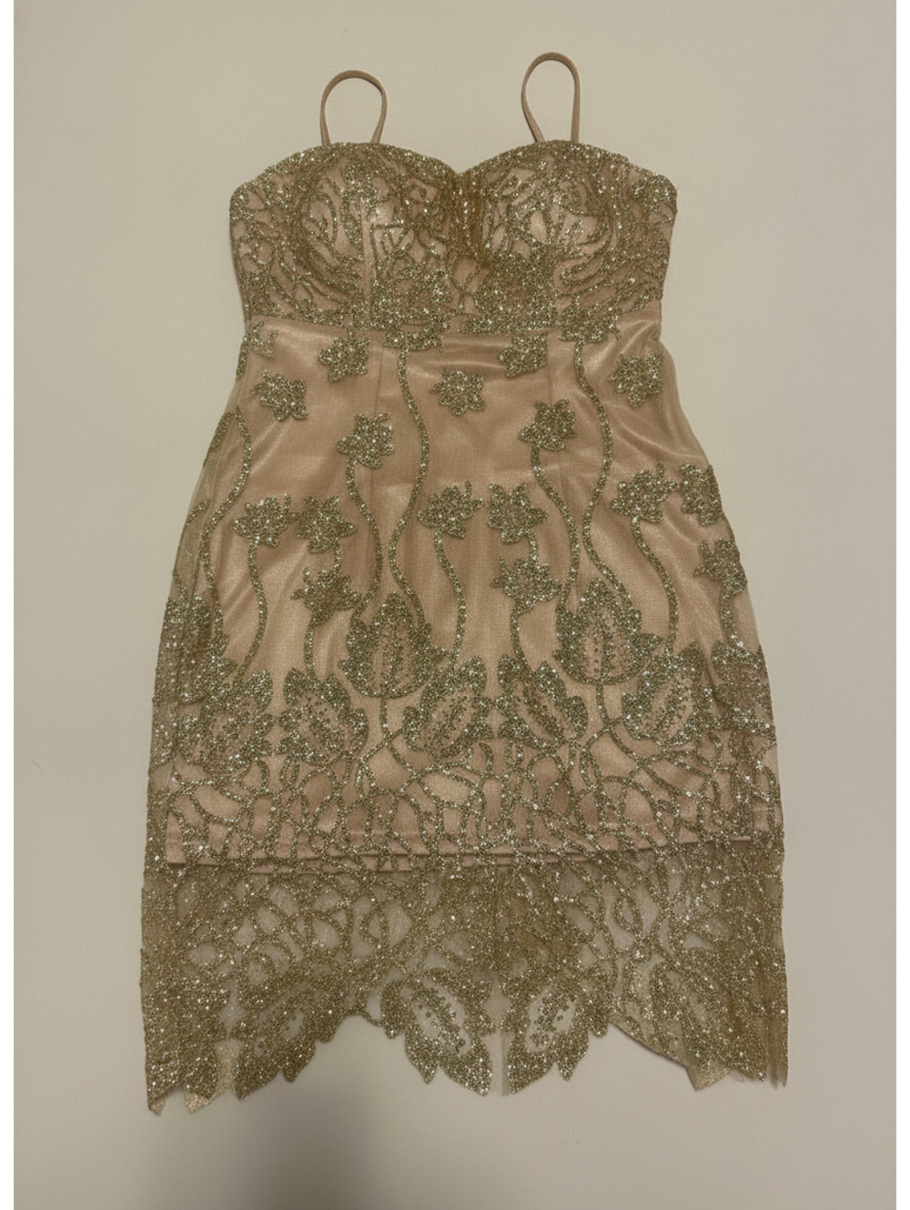 Gold Glitter Embroidered Sheer Evening Dress with Scalloped Hem